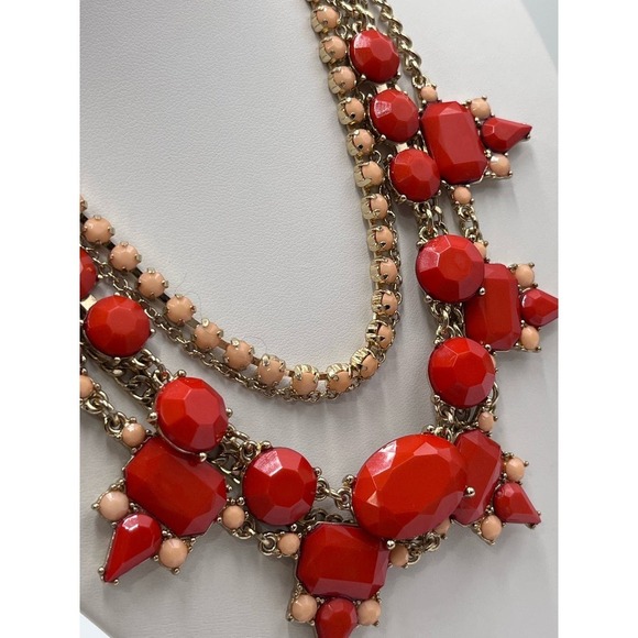 J. Crew Red Pink Peach Gold Tone Layered Multi Strand Rhinestone Necklace - Picture 13 of 14